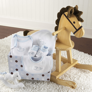 "Rockabye Baby" Personalized Rocking Horse with Plush Toy and Layette Gift Set (Blue) wedding favors
